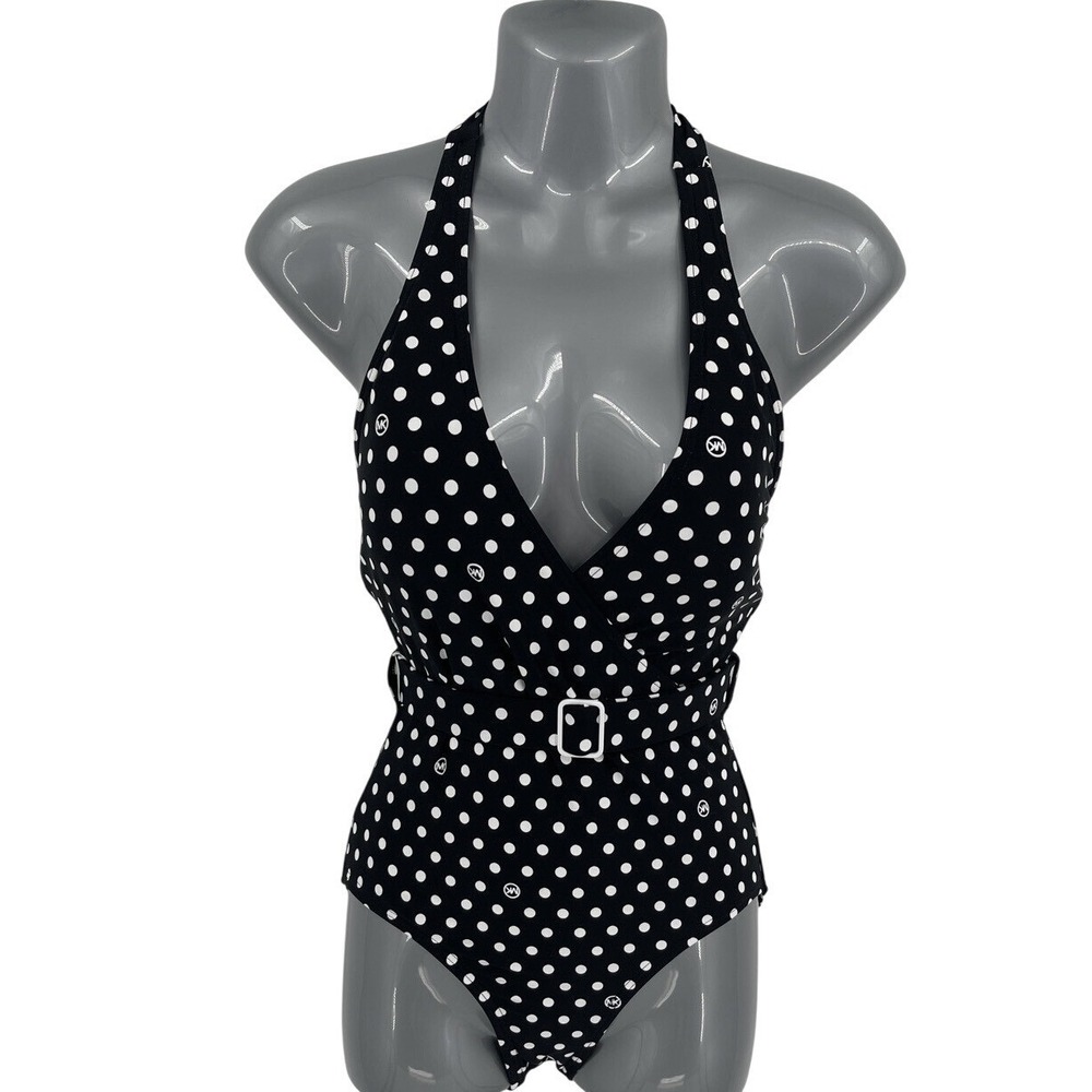 New Michael Kors One Piece Swimsuit Pin Up Retro Polka Dot Black Halter 6